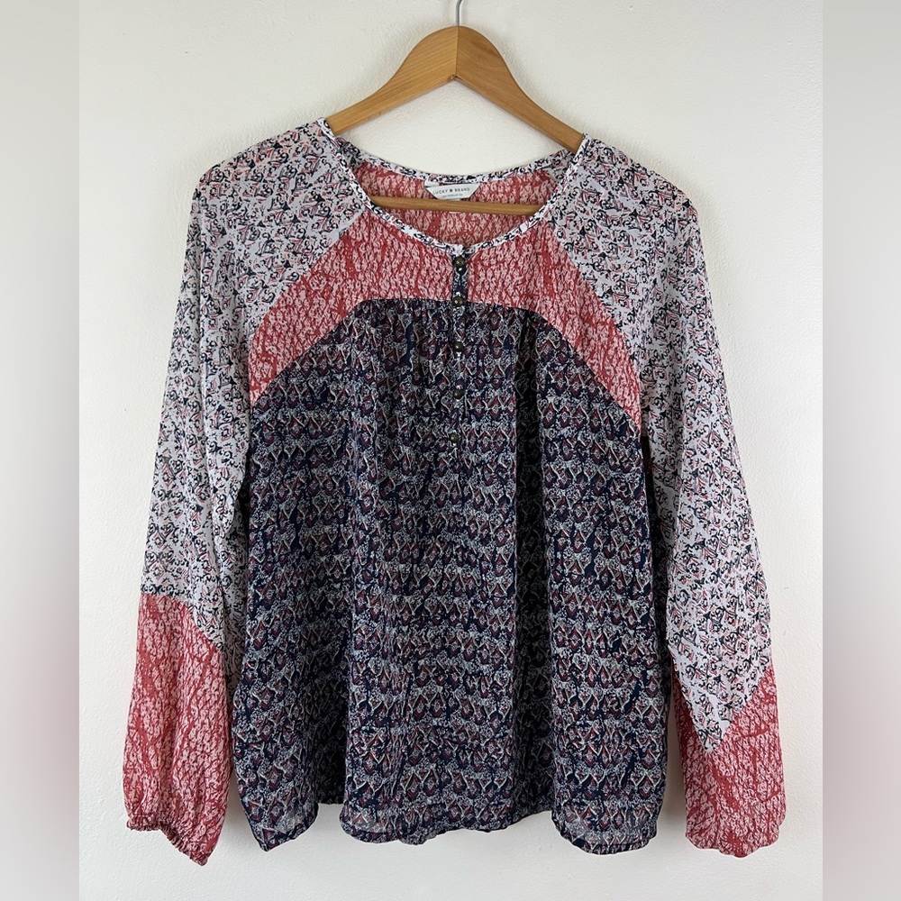 Lucky Brand Semi Sheer Boho Multi Printed Lightweight Buttoned Front Top